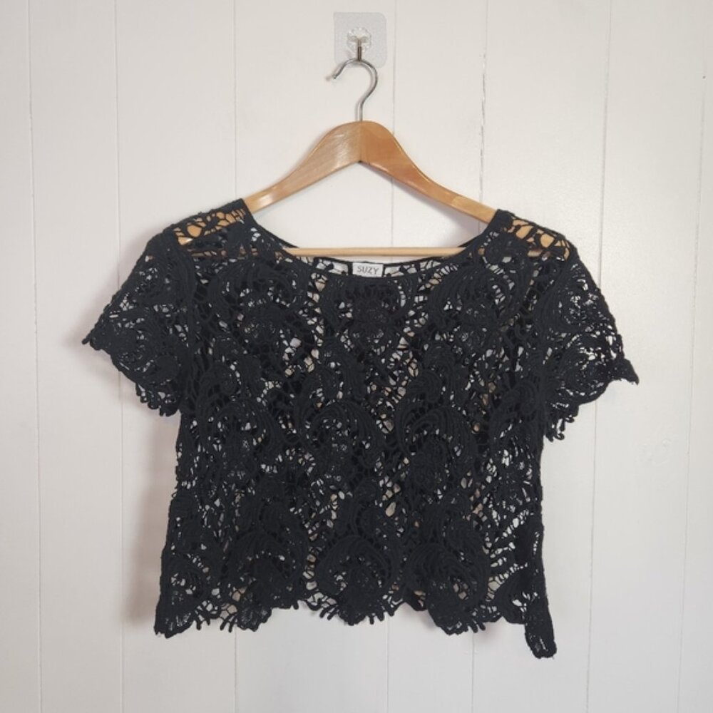 Vintage Black Crochet Top Crop Cropped Boho Bohemian Festival Y2K 90s Medium